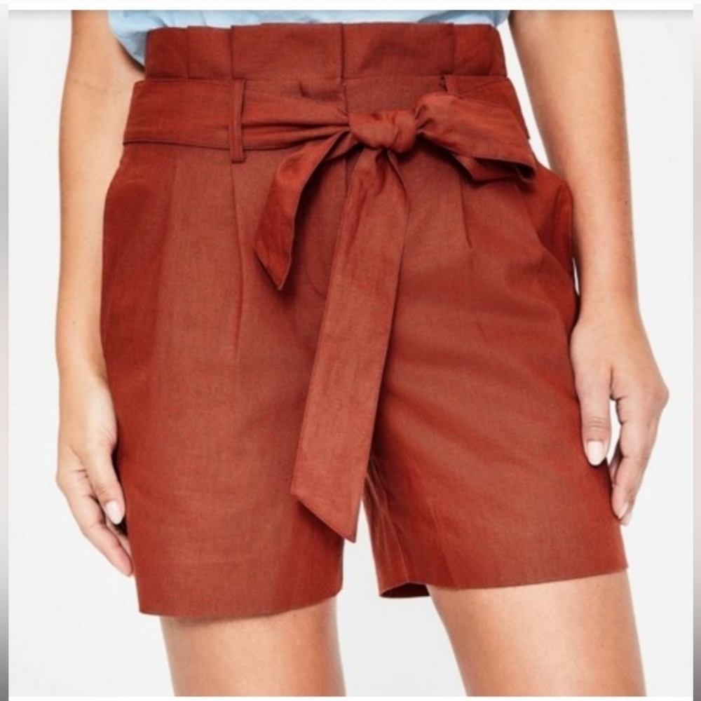 Boden St Ives Paperbag Shorts Women 4 Rust Linen Blend Tie Belt High Waist - Picture 2 of 5